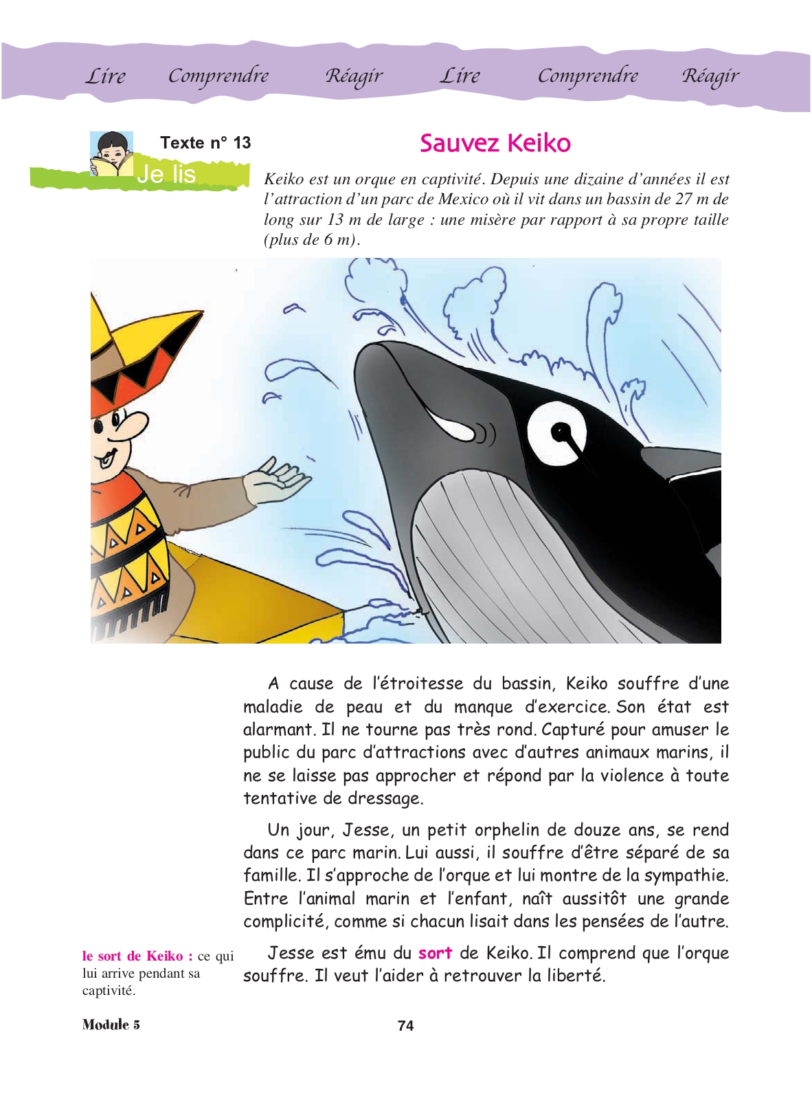 Page 74 du manuel : début du texte « Sauvez Keiko »